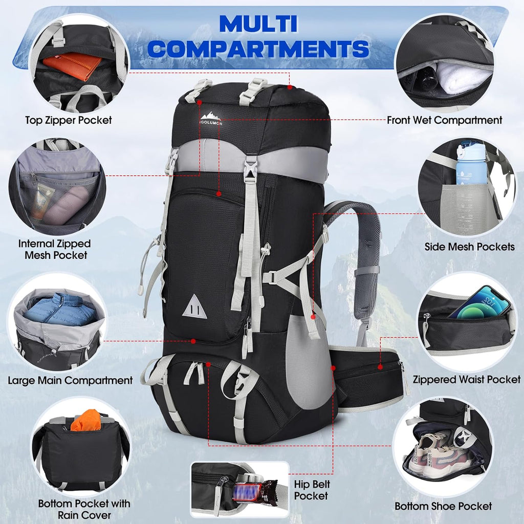 60L Hiking Backpack Waterproof Camping Backpack with Rain Cover Large Lightweight Backpacking Backpack for Men Women