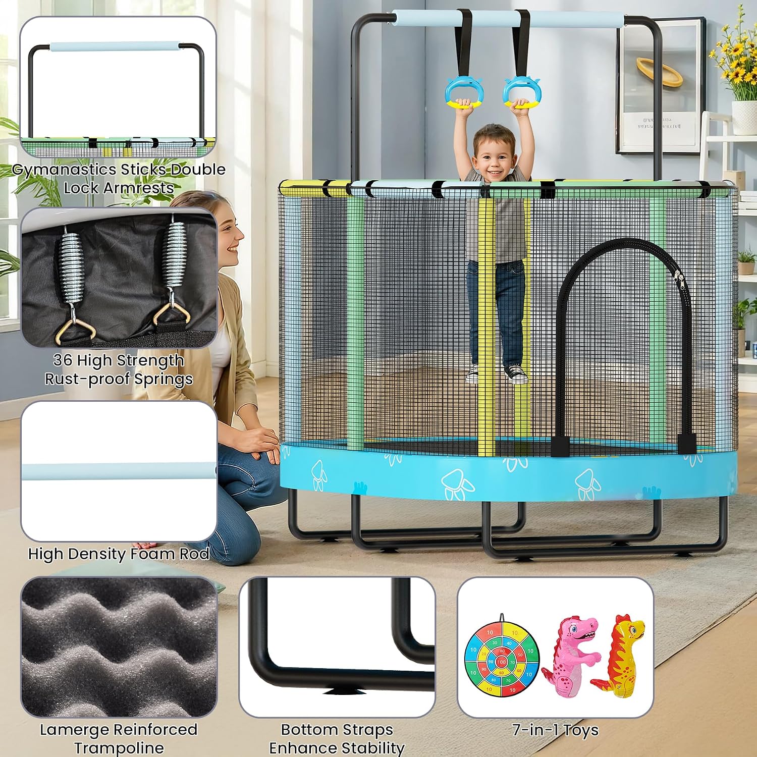 Kids Trampoline, Indoor Trampoline Approved by ASTM, Safety Enclosure Net and Adjustable Handrail, 1-8 Children