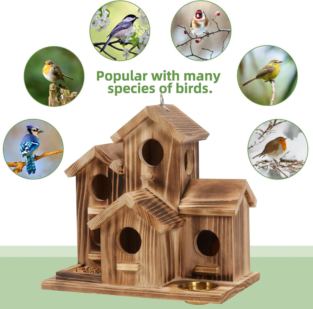 Bird House for Outside, 5 Hole Hanging Wooden Birdhouse Feeder