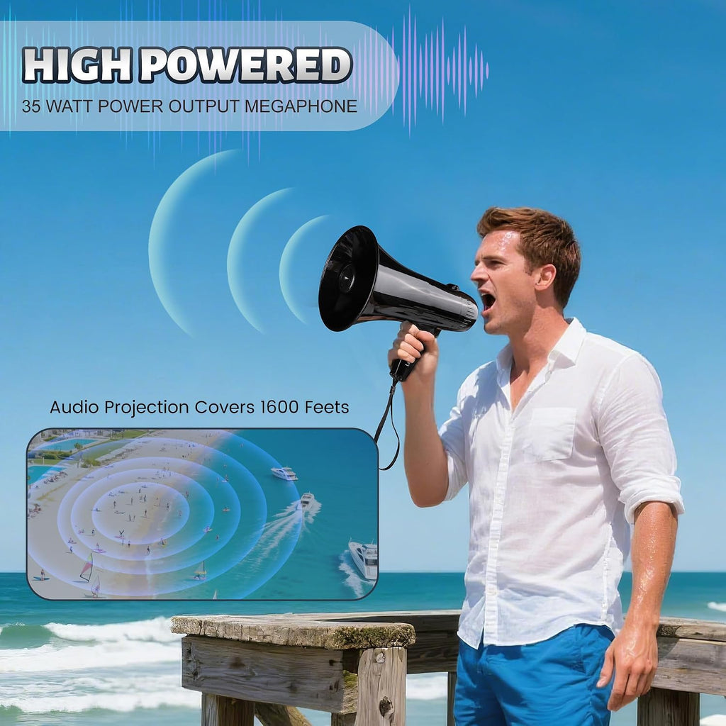 Portable Megaphone Bullhorn 35 Watt Power Megaphone Speaker with Siren/Alarm Modes, 240S Recording, USB Flash Drive