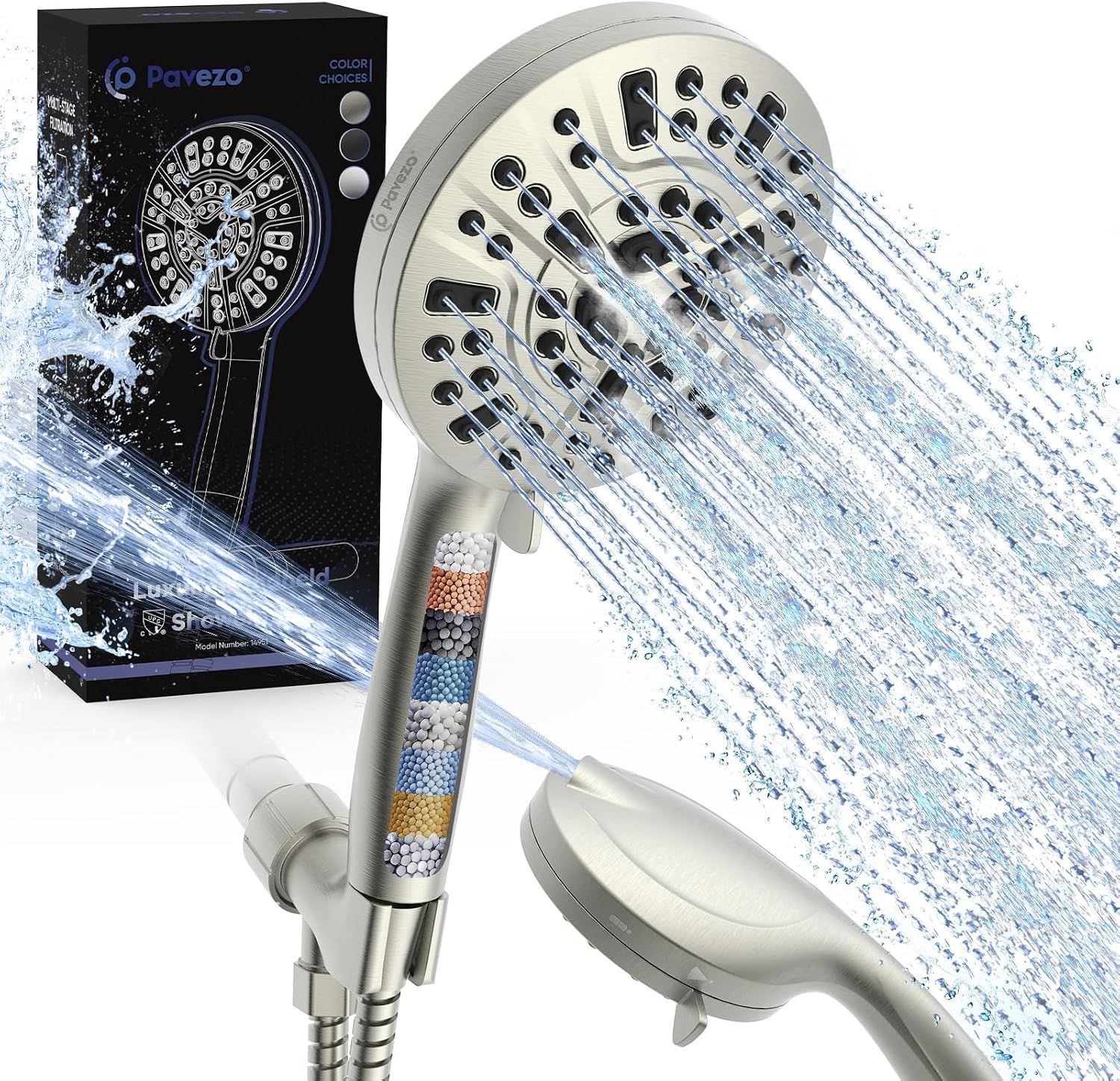 High Pressure Handheld Shower Head with Filter, 10 Spray Modes, Classic Nickel