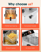 Commercial Deep Fryer - 11L Electric Deep Fryer, Stainless Steel Countertop Deep Fryer with Extra Large Basket & Lid