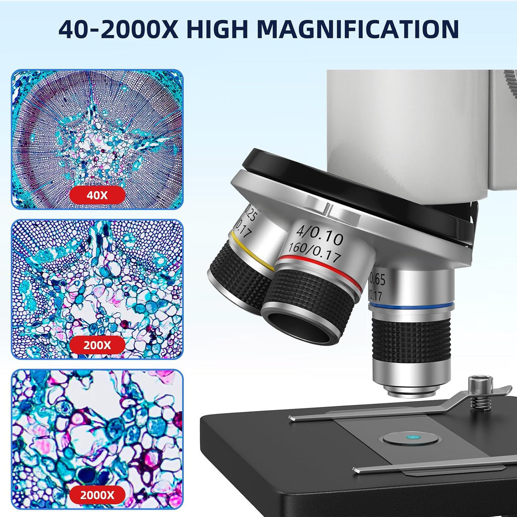 40-2000X Compound Microscope for Kids Adults Beginners | Lightweight Metal-Made / LED Light / Prepared Slide Kit and