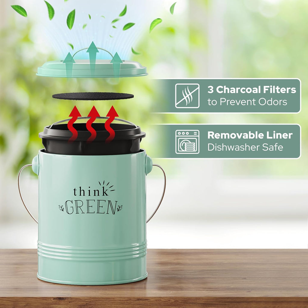 1.2 Gallon Kitchen Counter Compost Bin with Lid (Mint) | Countertop Composter with Smell-Absorbing Filters and