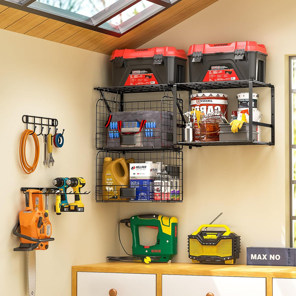 Garage Shelf Wall Mounted with Wire baskets, Heavy Duty Garage Wall Shelving with Garden Tool Rack and Hooks, Wire