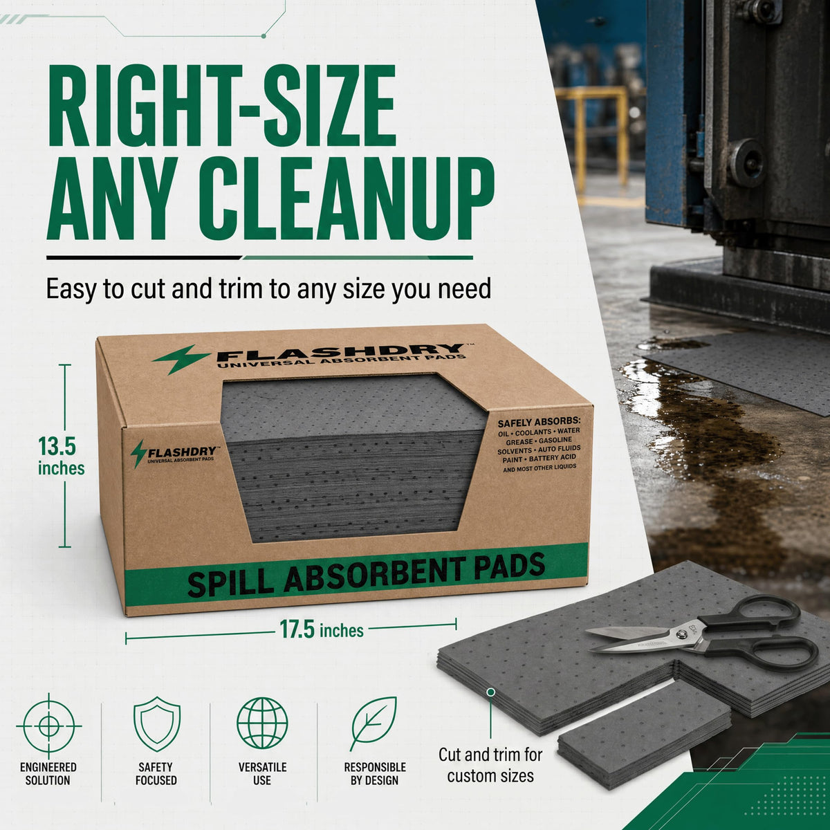 FLASHDRY Universal Spill Absorbent Pads, 17.5" x 13.5", 300-Count