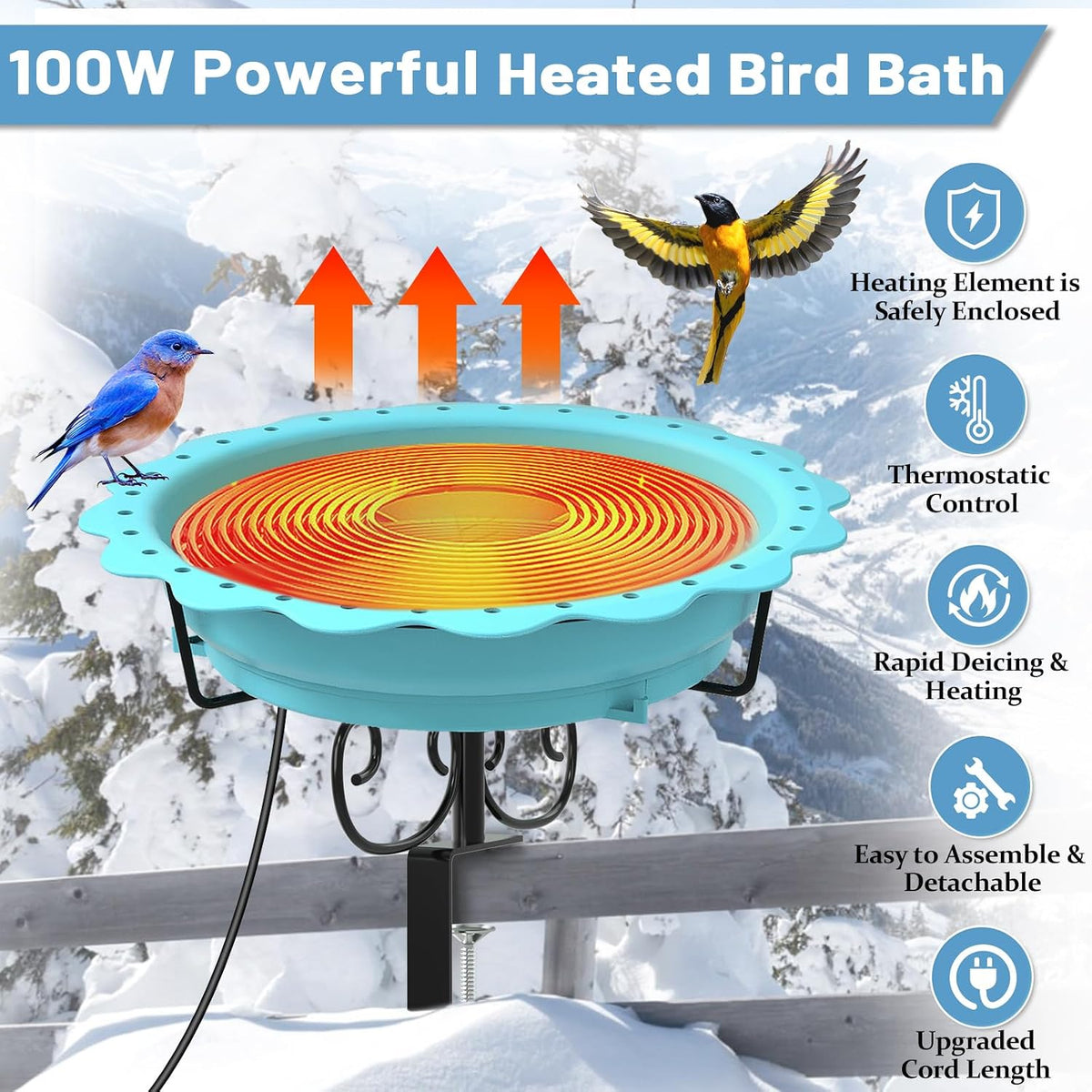 100W Heated Bird Baths for Outdoors, Heated Birdbath Outside Winter, Blue