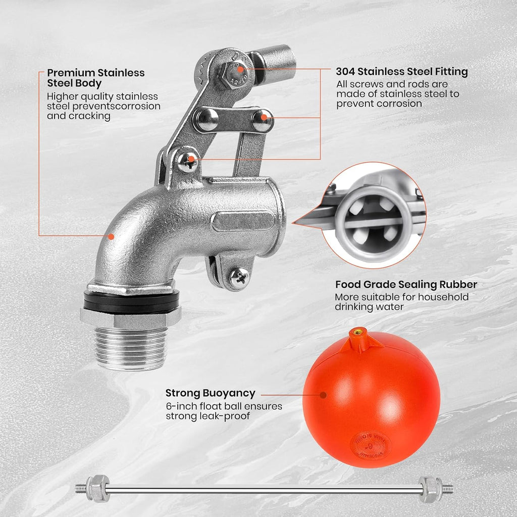 3/4" Stainless Steel Float Valve for Water Tank with 6" Float Ball