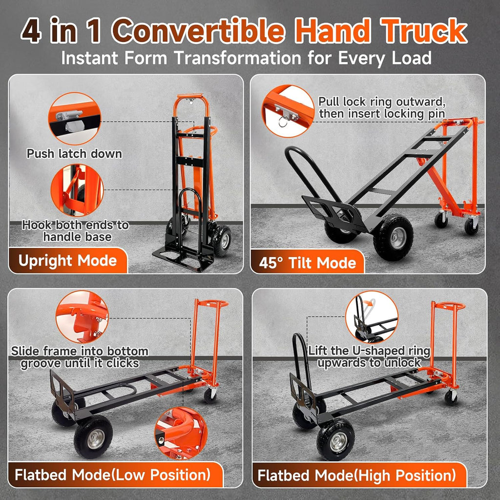 4in1 Heavy Duty Convertible Hand Truck, Alloy Steel Dolly Cart with Wheels | Foldable Hand Truck, 1000 Lbs Capacity