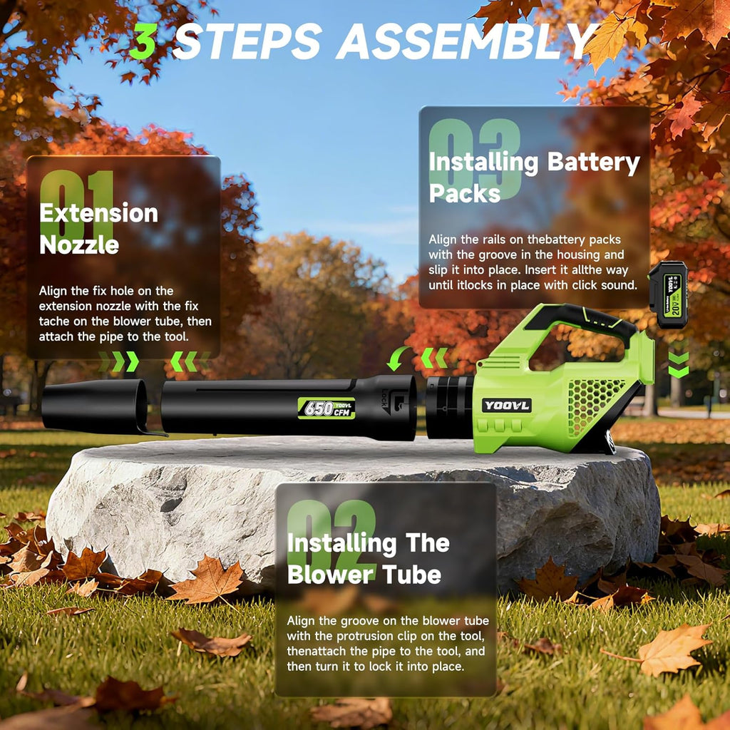 Leaf Blower Cordless, 650CFM Electric Leaf Blowers with 2 x 5.2Ah Batteries and Charger, 3 Speed Modes, 1 x