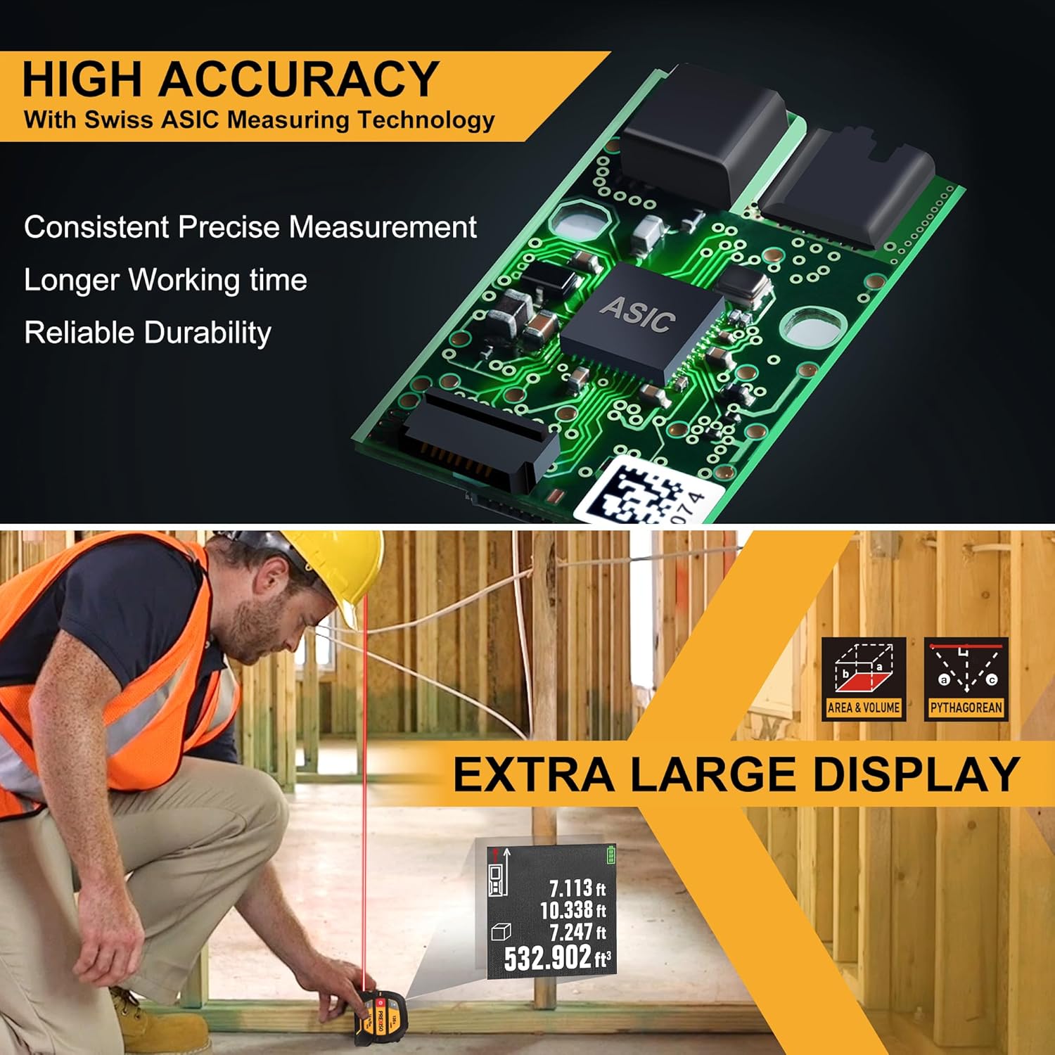 2-in-1 Laser Tape Measure, 135Ft Rechargeable Measurement Tool & 16Ft Measuring Movable Magnetic Hook - Pythagorean