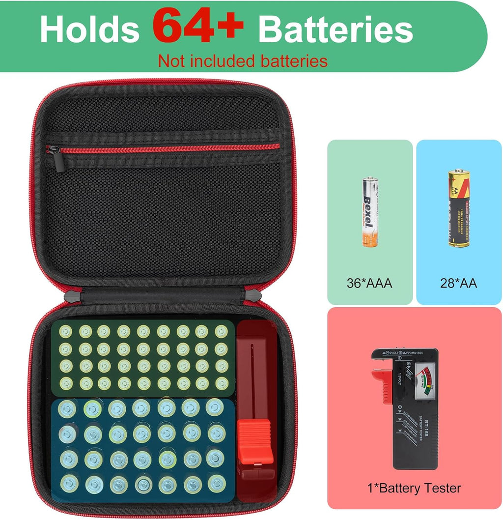 Battery Organizer Storage Case with Tester, Hardshell Portable Checker Carrying Case Holds Batteries AA AAA AAAA C D