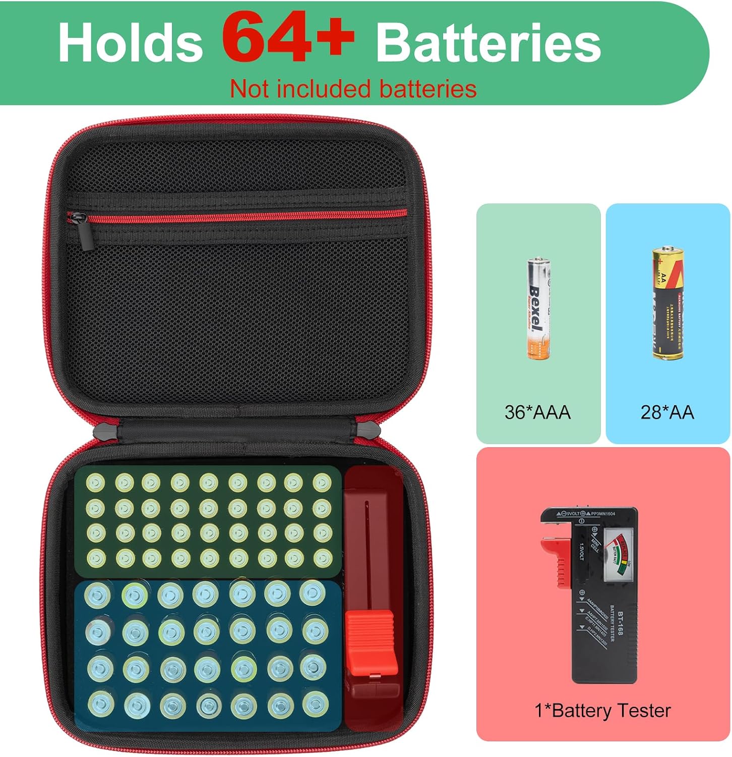 Battery Organizer Storage Case with Tester, Hardshell Portable Checker Carrying Case Holds Batteries AA AAA AAAA C D