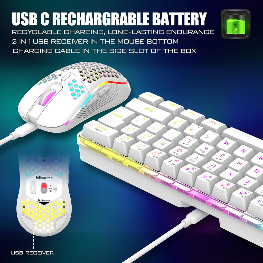 60% Wireless Gaming Keyboard and Mouse Combo, 2500mAh Rechargeable Battery, Ultra-Compact Small RGB Mechanical Feel