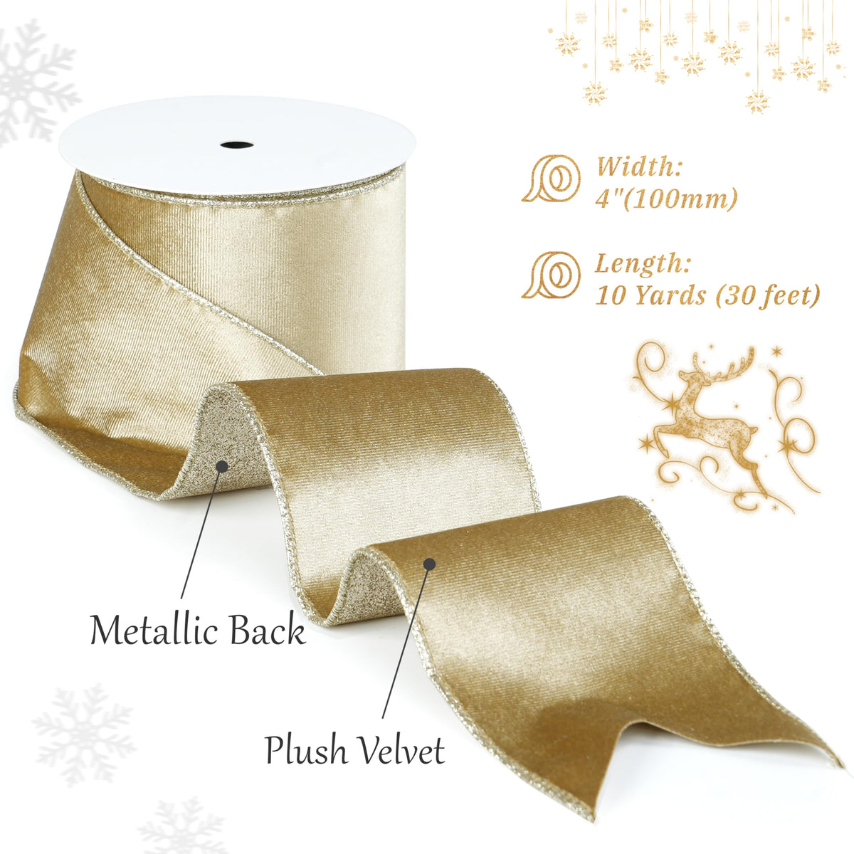 Gold Christmas Velvet Wired Ribbon 4 Inch, 10 Yards