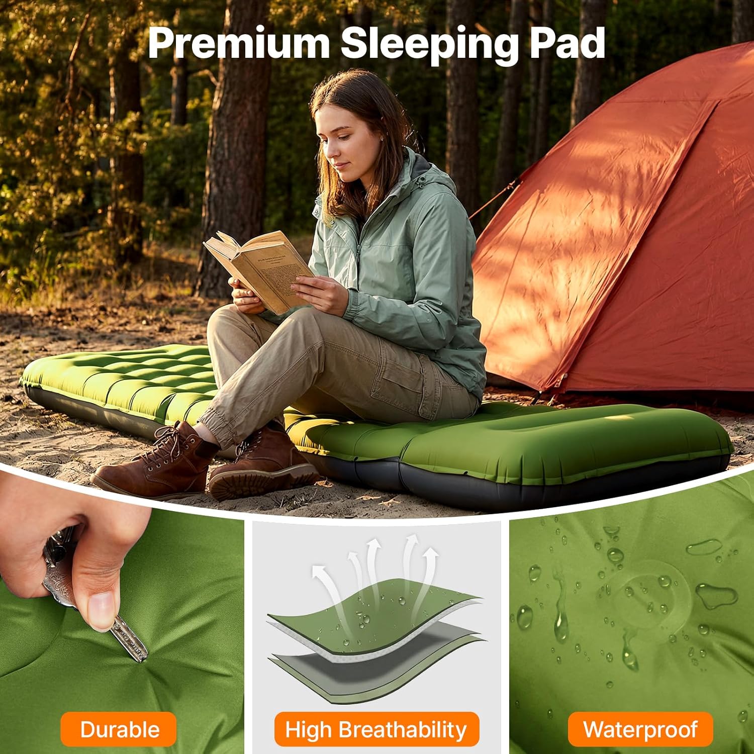 Sleeping Pad, Ultralight Inflating Camping Pad with 6" Extra-Thick | Camping Mattress With Pillows & Built-in Foot