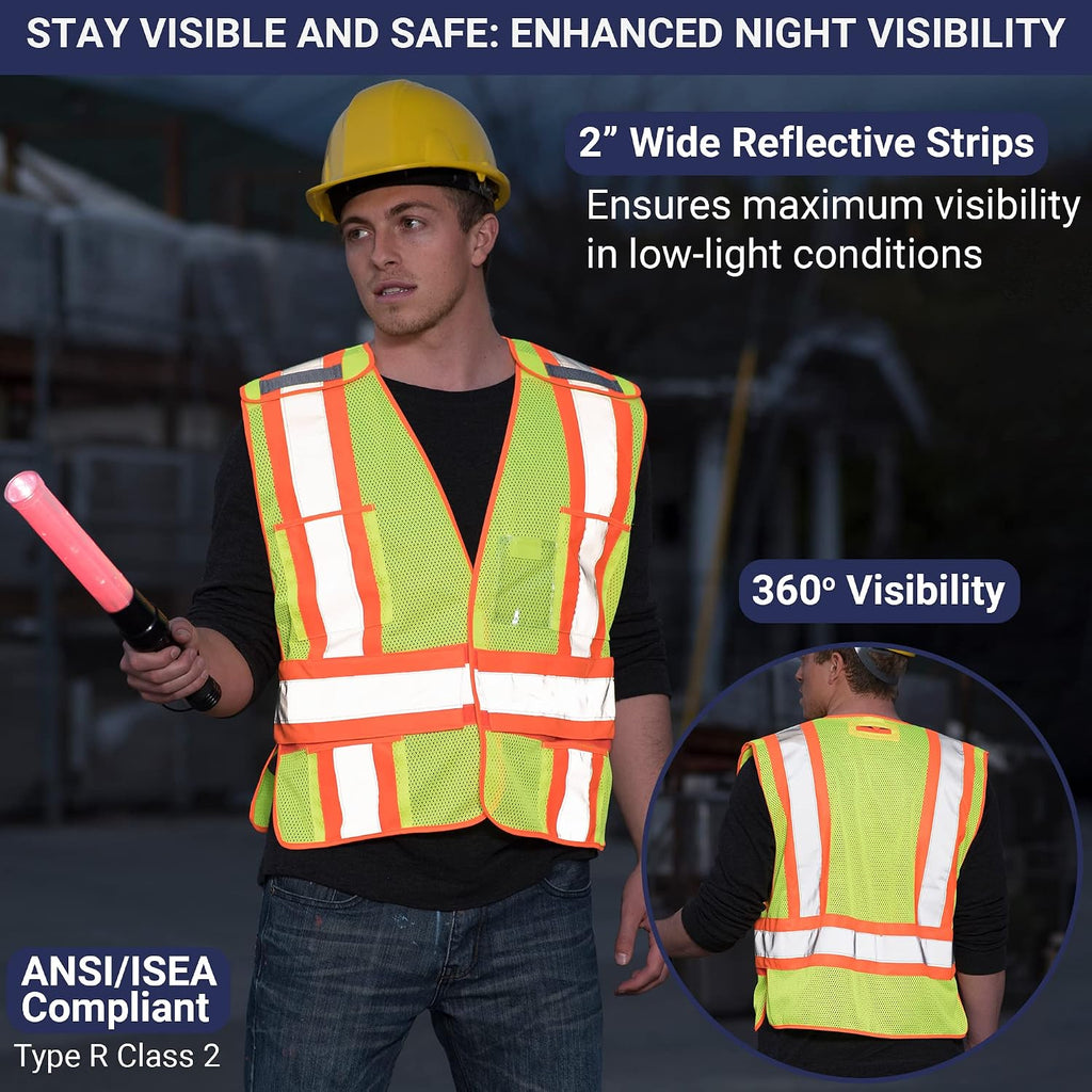High Visibility Safety Vest – ANSI Class 2 Breakaway Vest with 5 Pockets, Yellow with Adjustable Hook and Loop