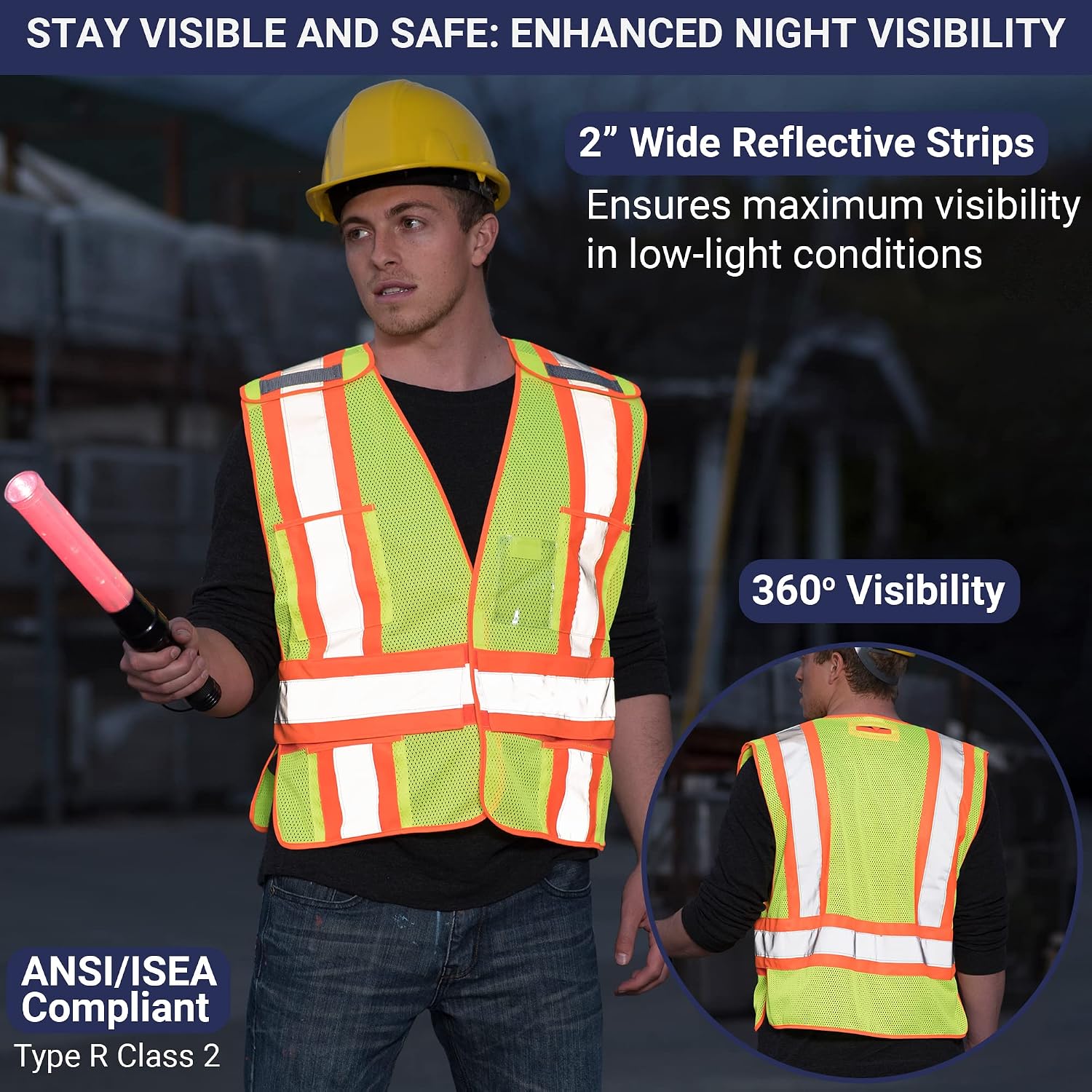 High Visibility Safety Vest – ANSI Class 2 Breakaway Vest with 5 Pockets, Yellow with Adjustable Hook and Loop