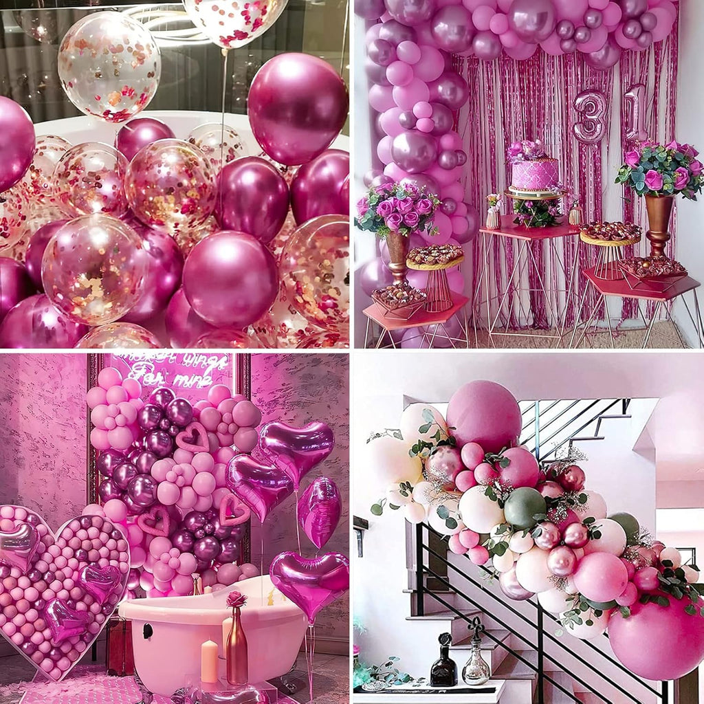 Metallic Hot Pink Balloons 100pcs Different Sizes of 18 12 10 5 Inch Chorme Dark Pink Magenta Fuchsia Balloon Arch