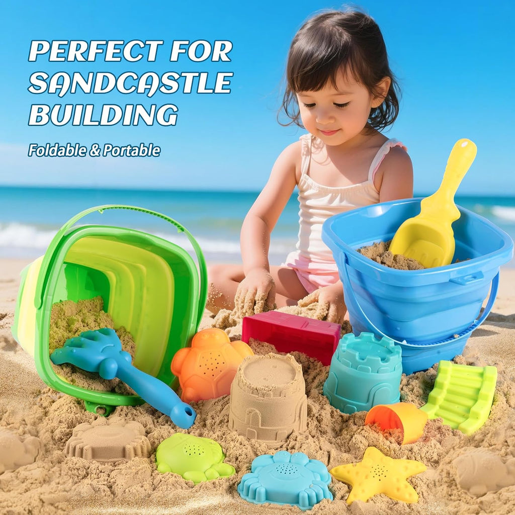 Collapsible Beach Toys for Toddlers Kids – 2 Foldable Sand Buckets Shovel Rake, 8 Sand Molds & Castle Building Kit