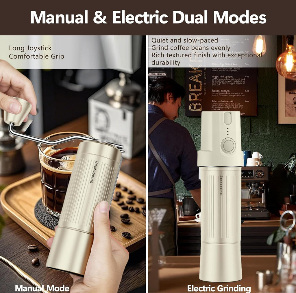 Burr Coffee Grinder 2-in-1 Manual/Electric, Milky | 40mm Stainless Steel Conical Burr, USB Rechargeable, 16 Grind