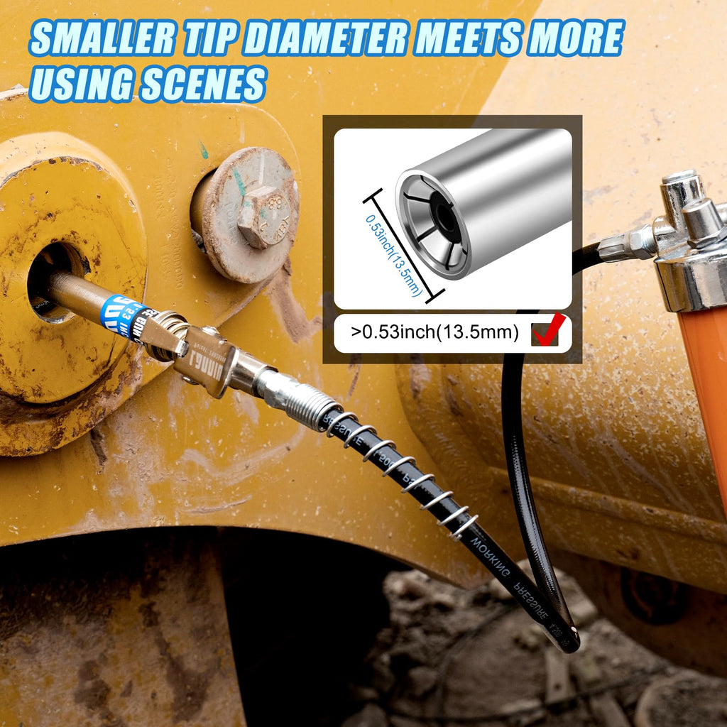 Grease Gun Coupler, 12000 PSI Strong Lock & Extra Reach Grease Tips