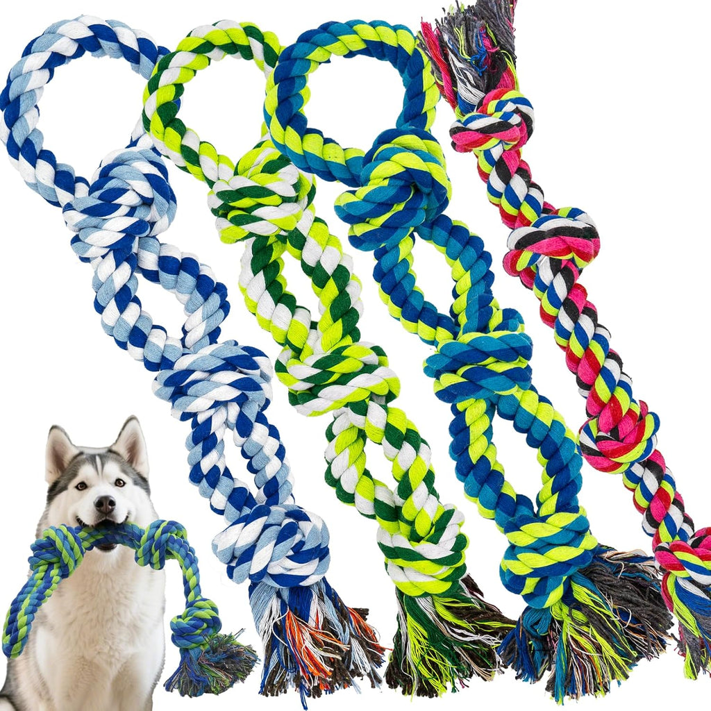 [4 Pack] Dog Rope Toys for Aggressive Chewers, Nearly Indestructible Tug of War Toys for Large & Medium Dogs, 100%