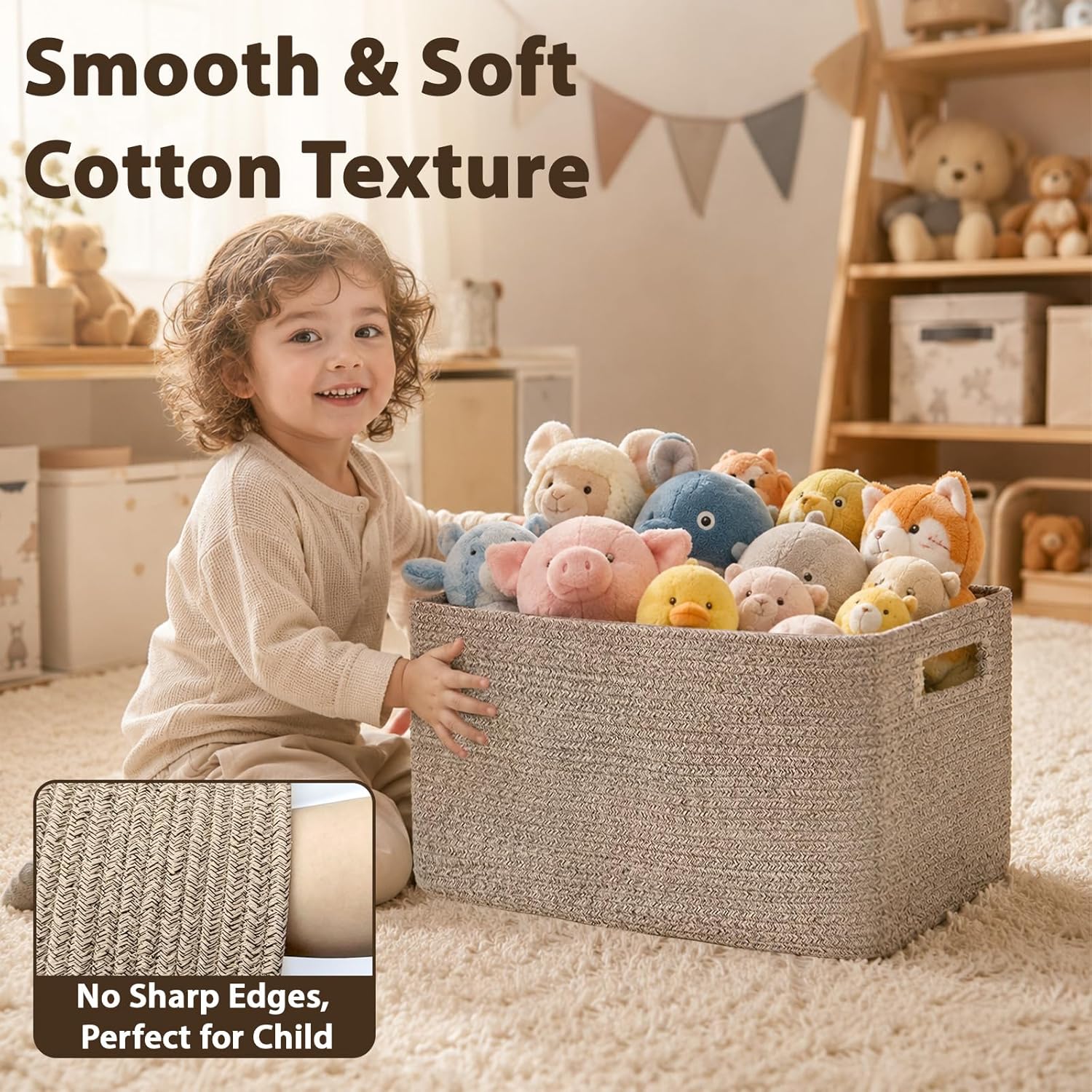 75L Large Blanket Basket for Living Room, Woven Rope Laundry Basket with Reinforced Handles, Decorative Versatile