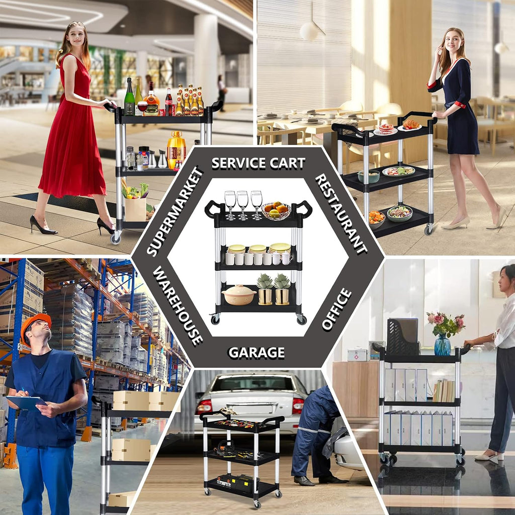 Plastic Utility Carts with Wheels, Heavy Duty 510lbs Capacity Rolling Service Cart, 3-Tier Restaurant Food Cart with