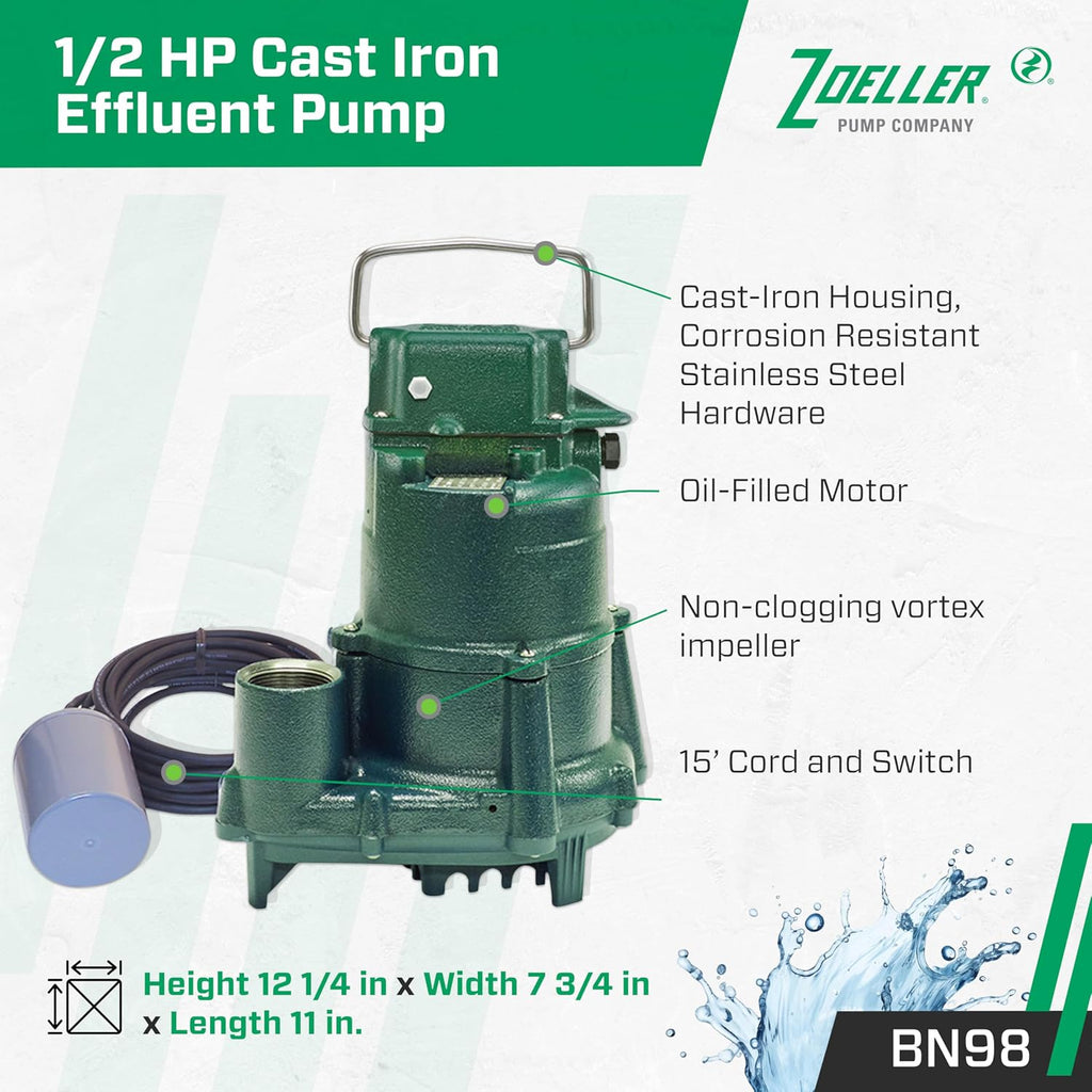 Zoeller BN98 Effluent Pump - ½ HP - Nonautomatic -115V