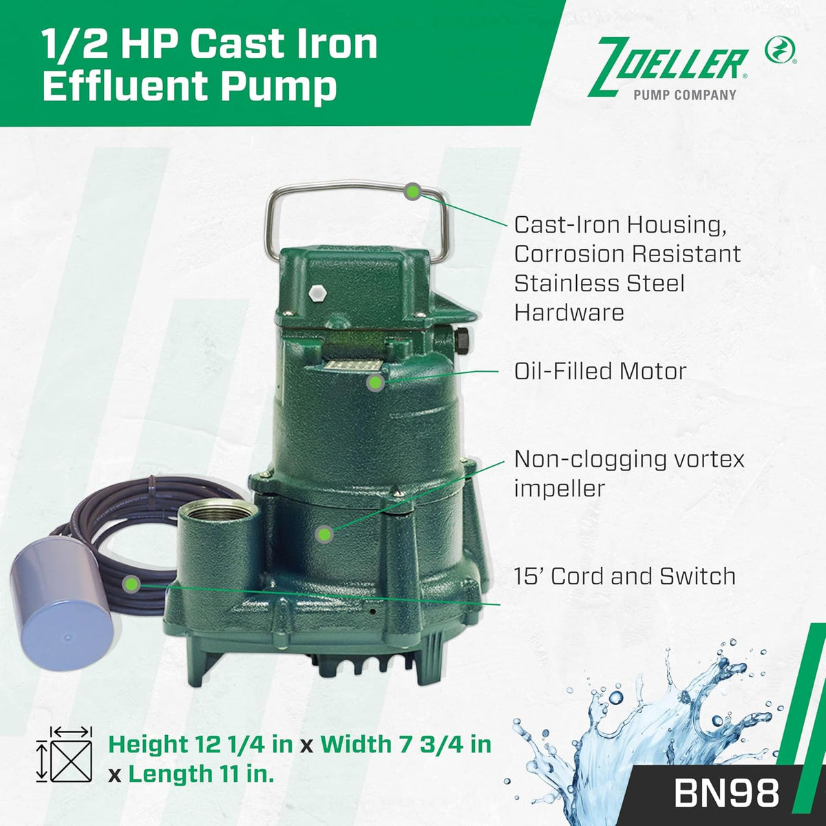 Zoeller BN98 Effluent Pump - ½ HP - Nonautomatic -115V