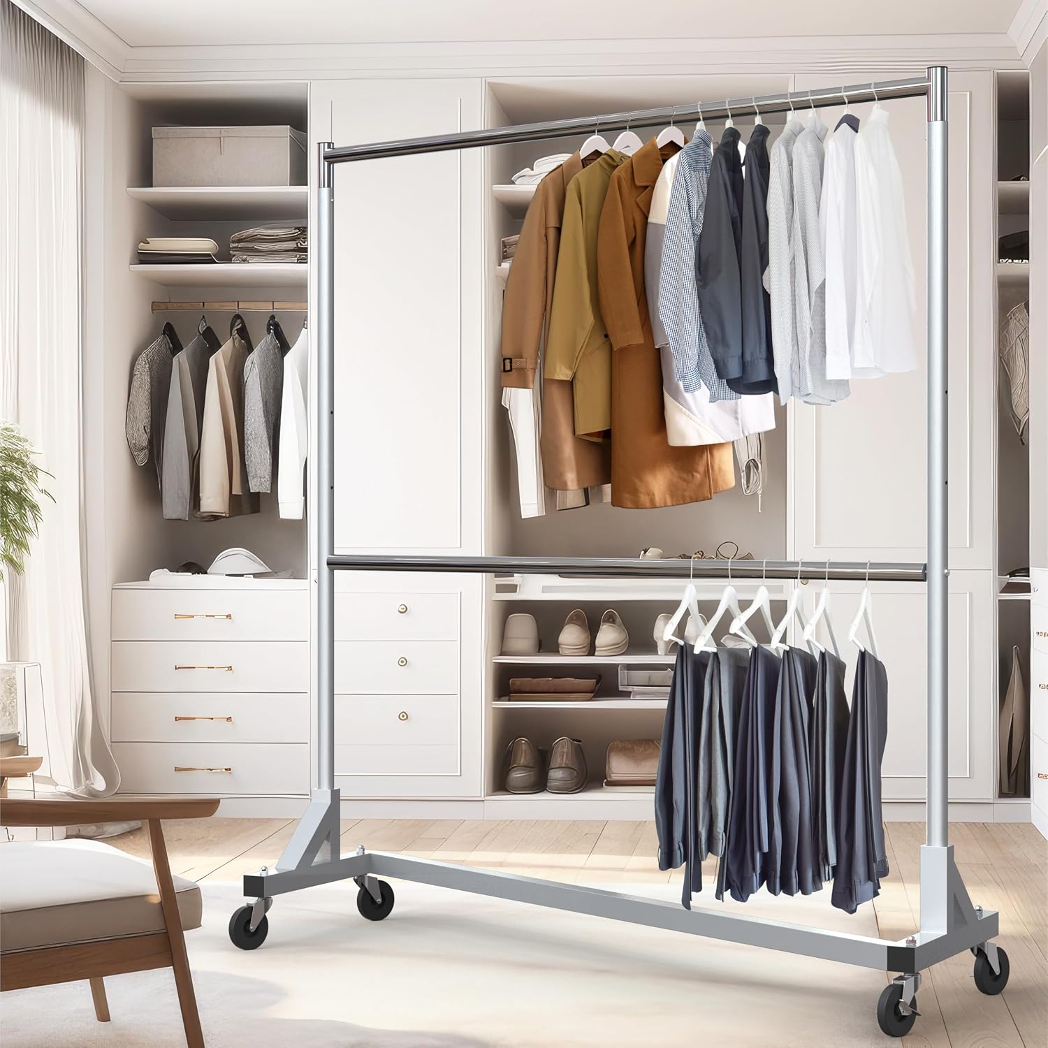 Commercial Grade Z-Base Double Rod Garment Rack, Silver | 600Lb Load with 63" Extra Long Bar, Adjustable Middle Bar