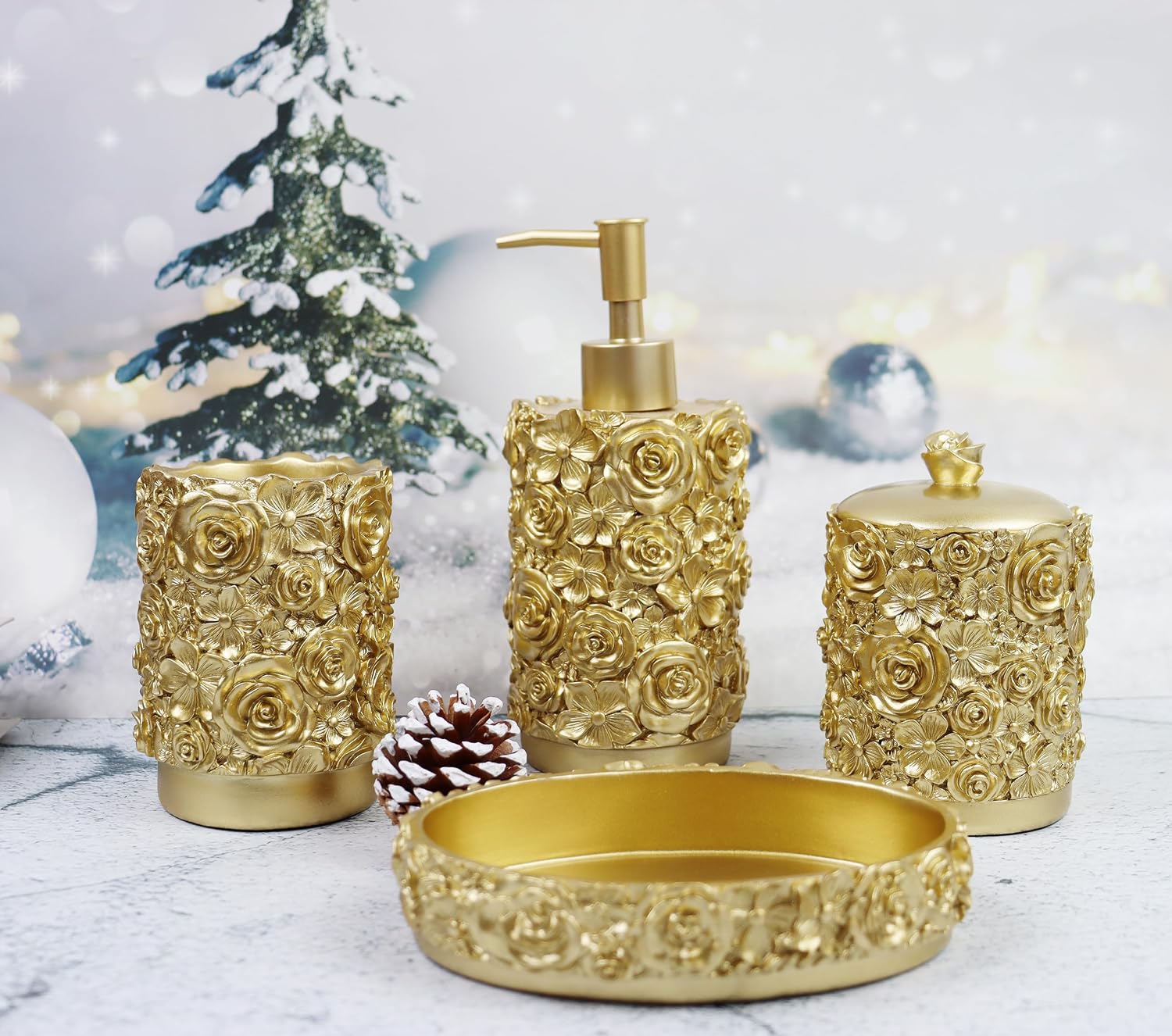 Gold Bathroom Accessories Set,Rose Design Bathroom Set,Farmhouse Bathroom Decor,4 Pcs Resin Gift Set Apartment