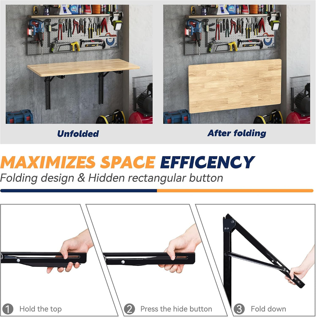 Wall Mounted Folding Workbench, Heavy Duty Foldable Work Table, Collapsible Desk for Workshop, Garage, Office, Home