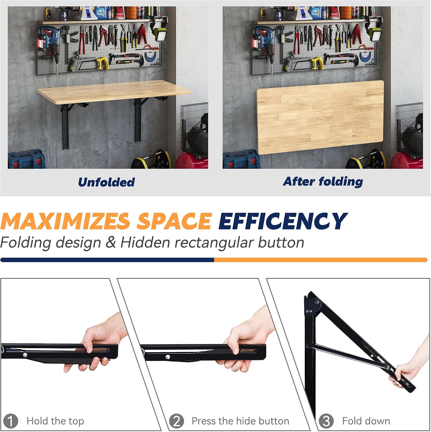 Wall Mounted Folding Workbench, Heavy Duty Foldable Work Table, Collapsible Desk for Workshop, Garage, Office, Home