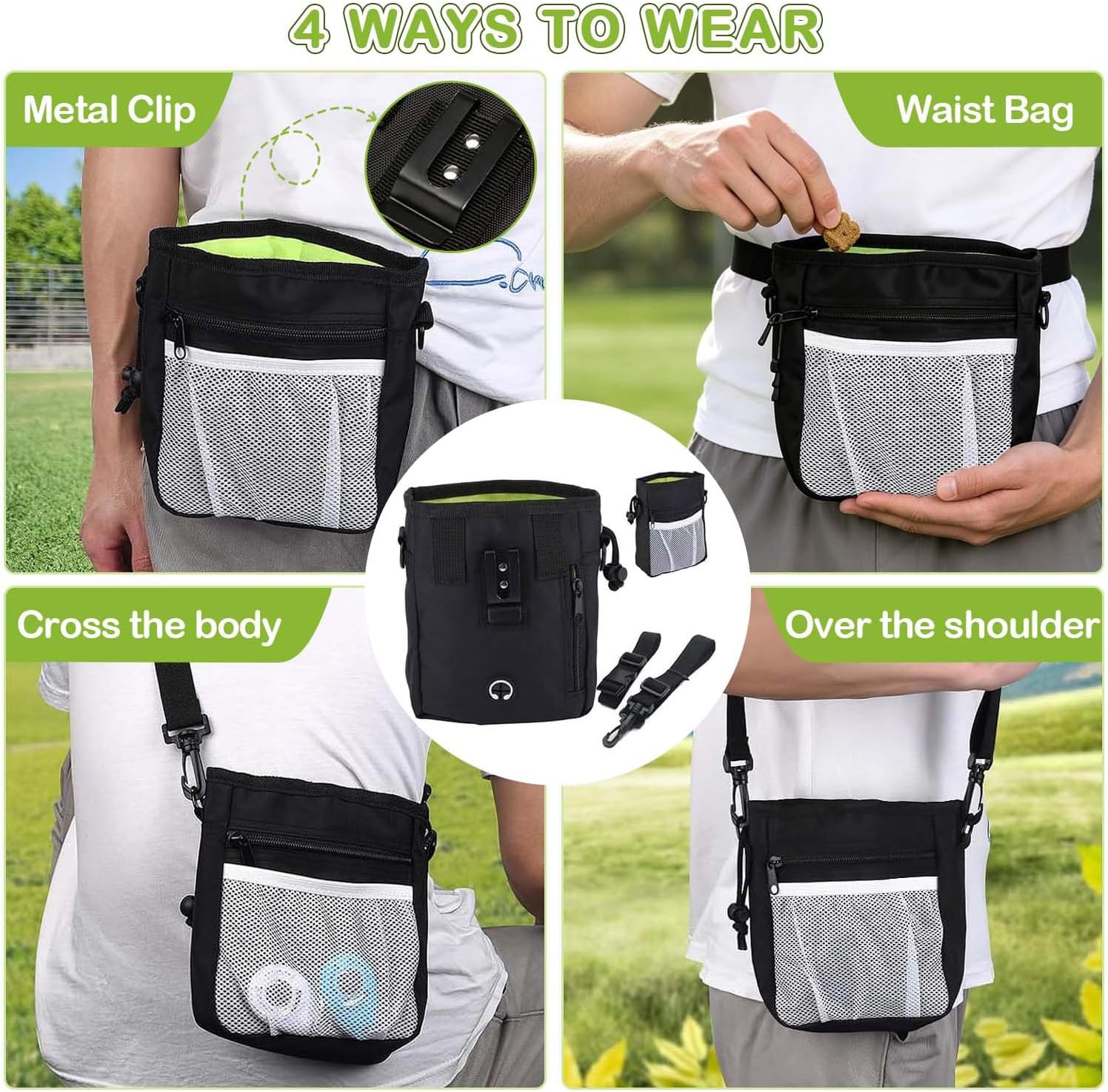 3-in-1 Dog Treat Pouch for Training, Hands-Free Dog Training Treat Bag with Clicker & Poop Bag Dispenser, Adjustable