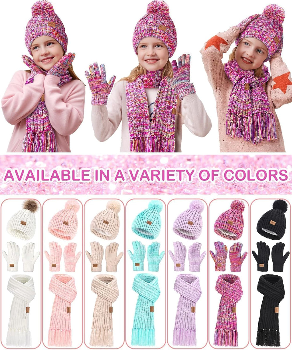 Kids Winter Hat Gloves Scarf Set, Valentines Gift for Girl Boy Toddler w/Fleece Lined Pom Beanie Warmer Scarf Mittens