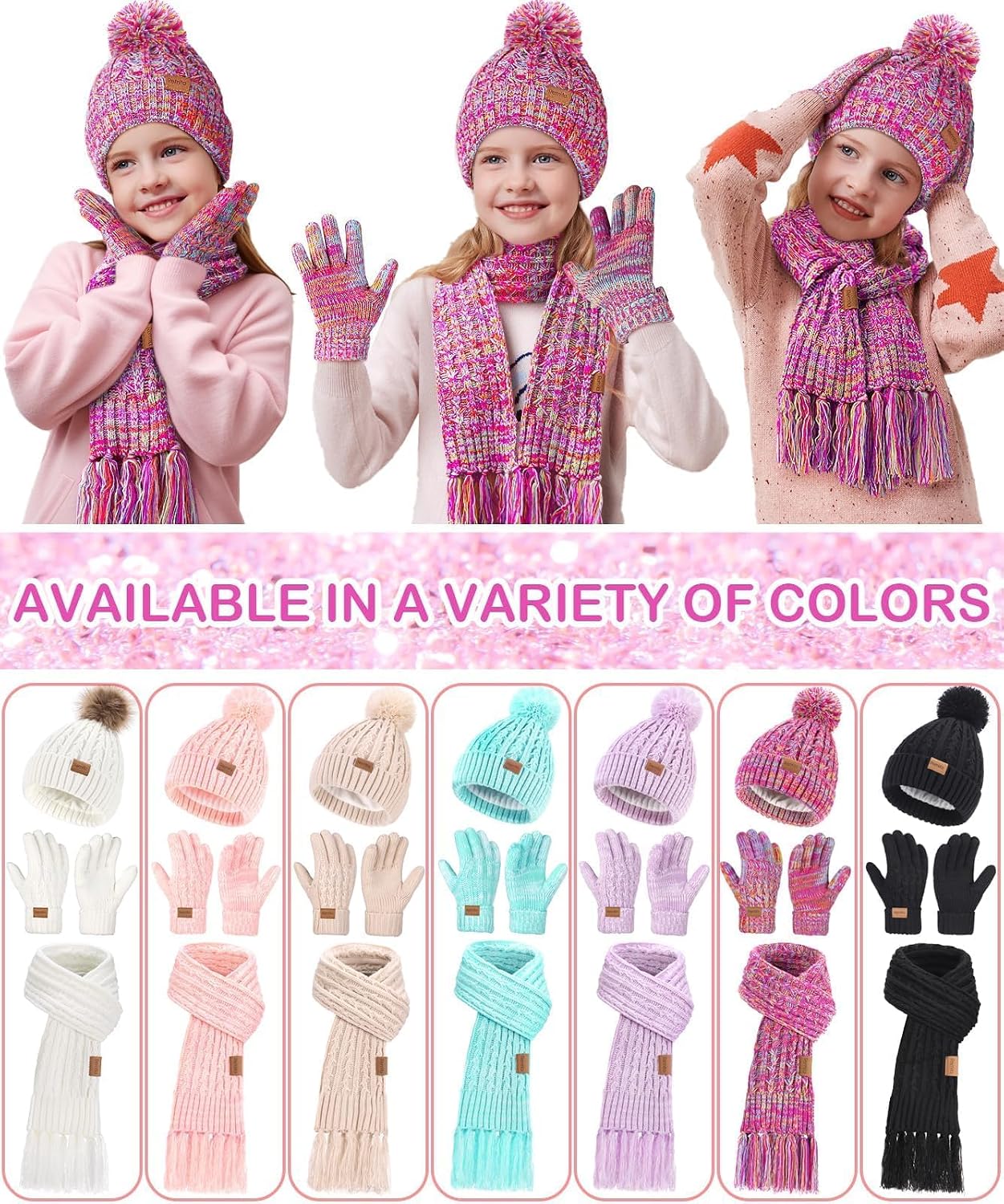 Kids Winter Hat Gloves Scarf Set, Valentines Gift for Girl Boy Toddler w/Fleece Lined Pom Beanie Warmer Scarf Mittens