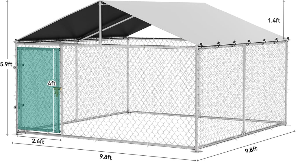 10'x10' Outdoor Dog Enclosure with Metal Dog Gate, Dog Kennel Outside with Roof, Dog Fence Outdoor for Yard