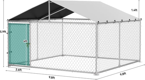 10'x10' Outdoor Dog Enclosure with Metal Dog Gate, Dog Kennel Outside with Roof, Dog Fence Outdoor for Yard