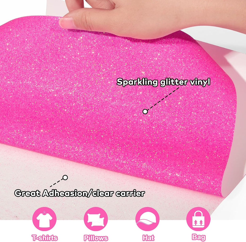 Pink Glitter HTV Hot Pink Heat Transfer Vinyl Roll,10" x 5ft Sparkle Iron on Vinyl Rolls for Heat Press Design