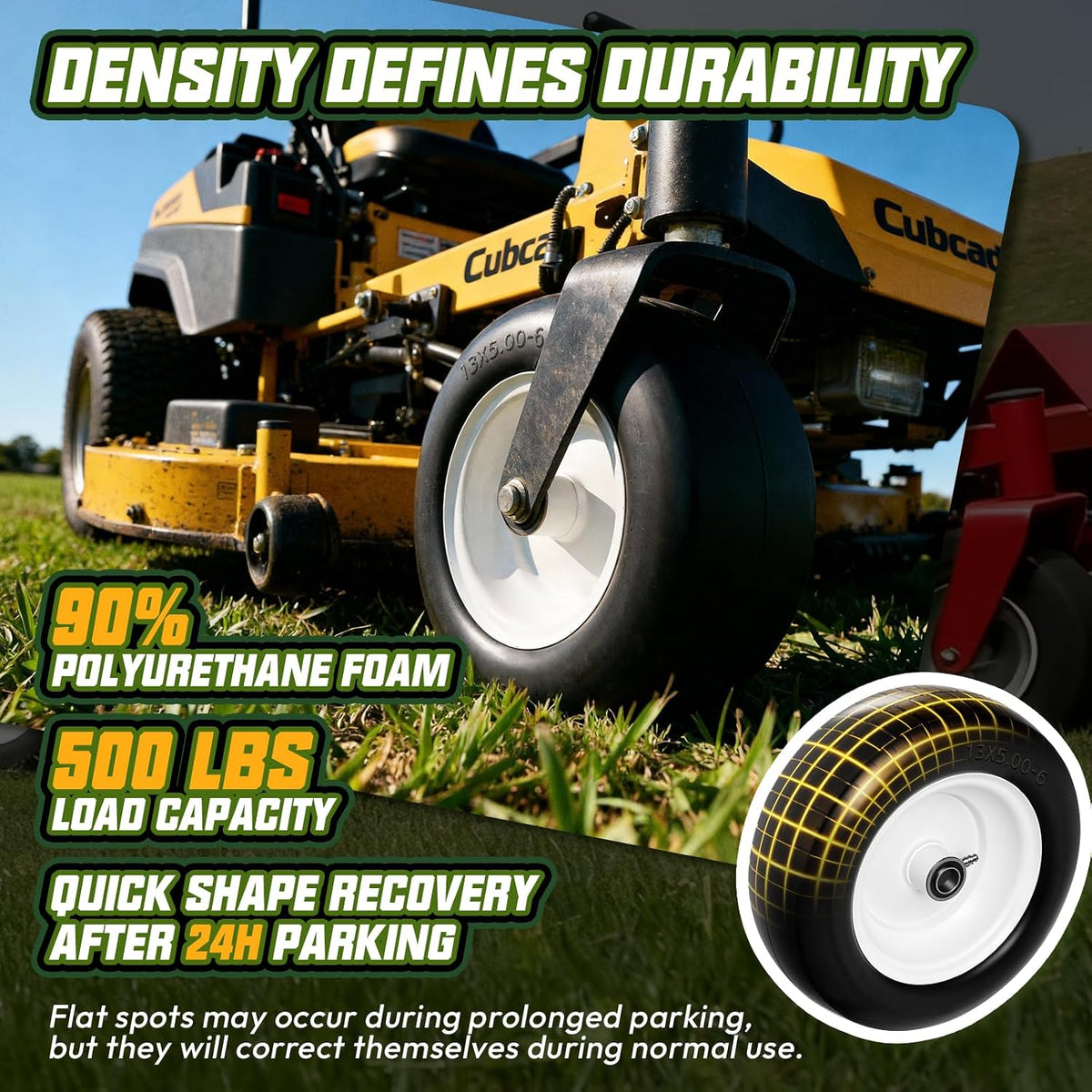 13x5.00-6 Flat Free Lawn Mower Tire and Wheel with 3/4" bearing bore, with 5/8" bearing sleeves, for Zero Turn Mower
