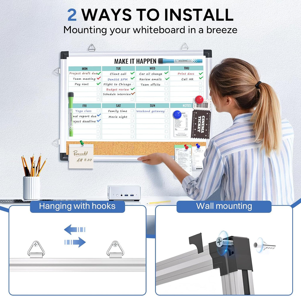 Weekly Dry Erase Board and Cork Board Combo for Wall, 17"x13" Reversible Hanging Dry Erase Board, Double Sided White