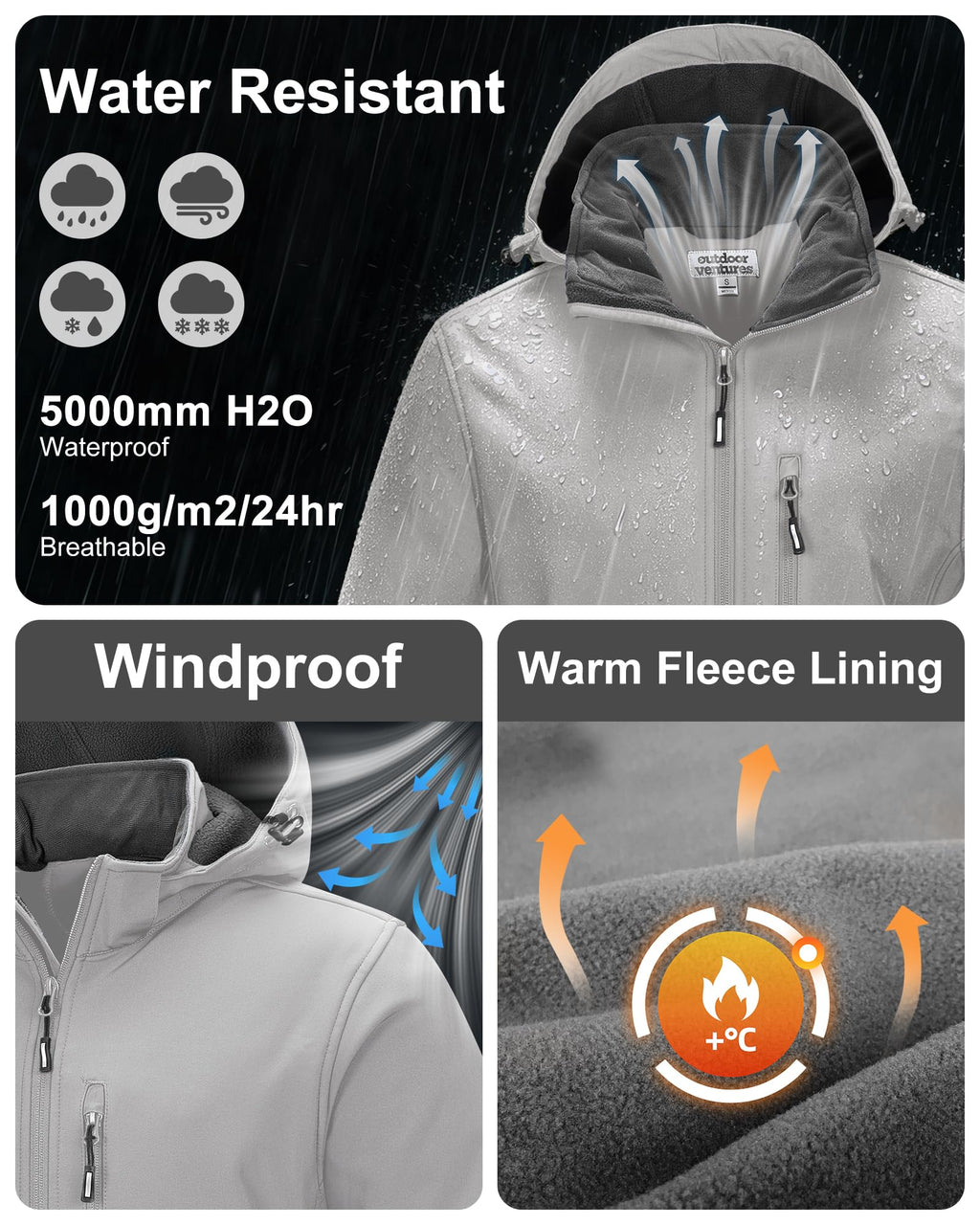 Men's Softshell Jacket Waterproof Fleece Rain Shell Coat