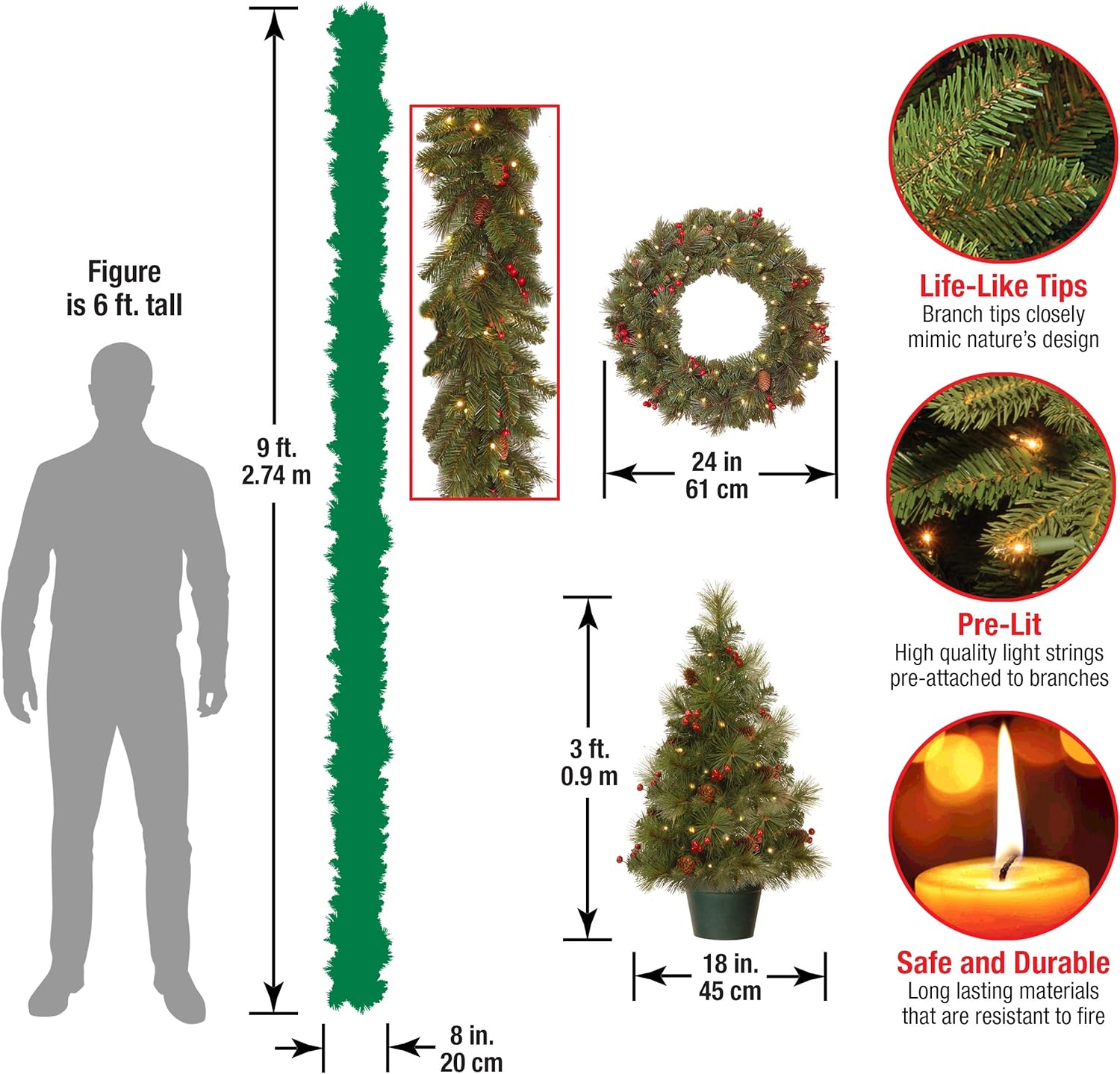 Pre-Lit Everyday Collection Christmas Decoration Set | LED Lights, Includes 2 Mini Christmas Trees,1 Wreath, And 1