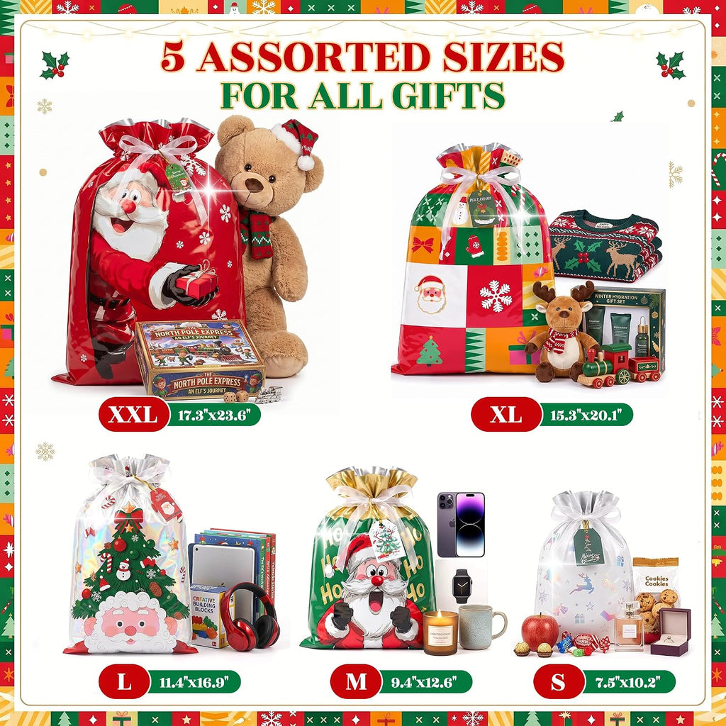 40PCS Christmas Drawstring Gift Bags, 5 Size Large Medium Small