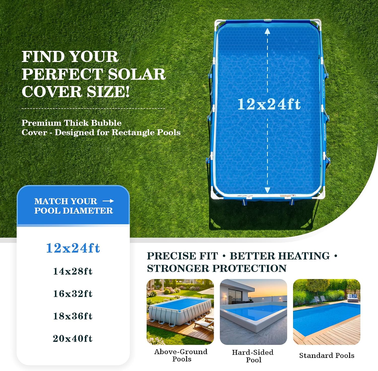 12 x 24 ft Rectangular Solar Pool Cover - Blue Micro Bubble Thermal Blanket for Above Ground & Inground Pools, Thick