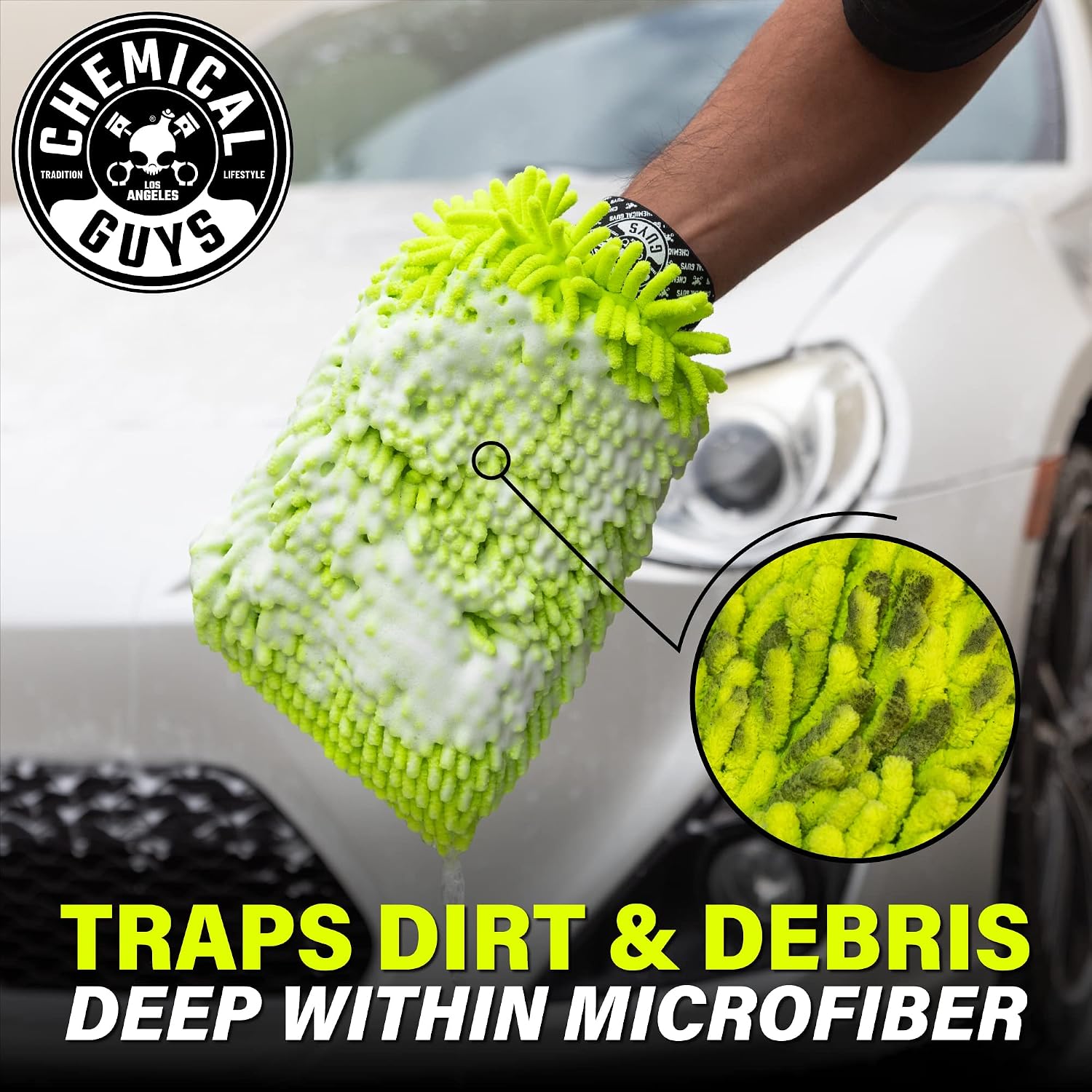 Chenille Microfiber Wash Mitt for Cars, Scratch-Free, 2 Pack | Ultra-soft lime green chenille holds thick suds and
