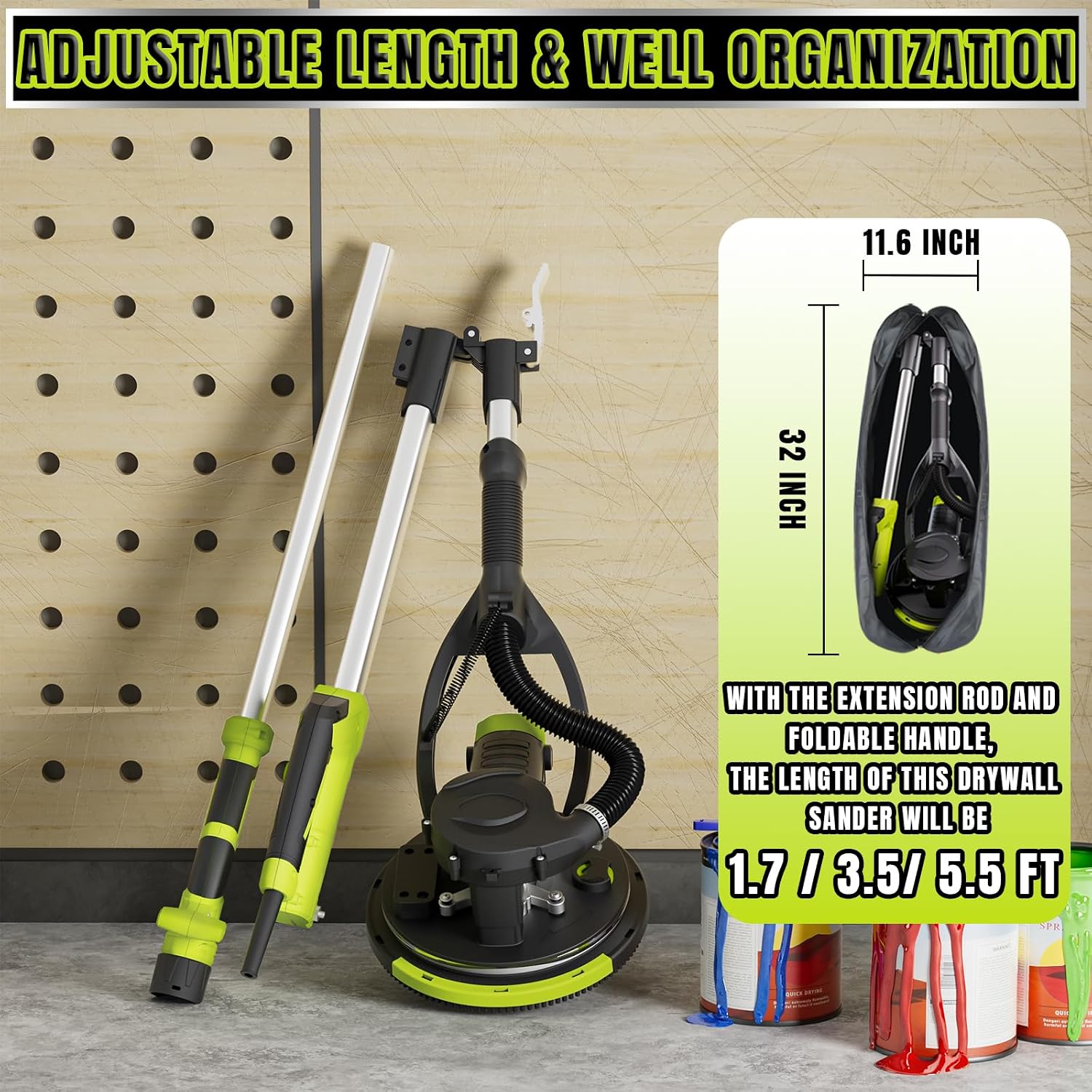 Drywall Sander with Vacuum Dust Collector, 880W Popcorn Ceiling Removal Tool with 5 Variable Speed & LED Light