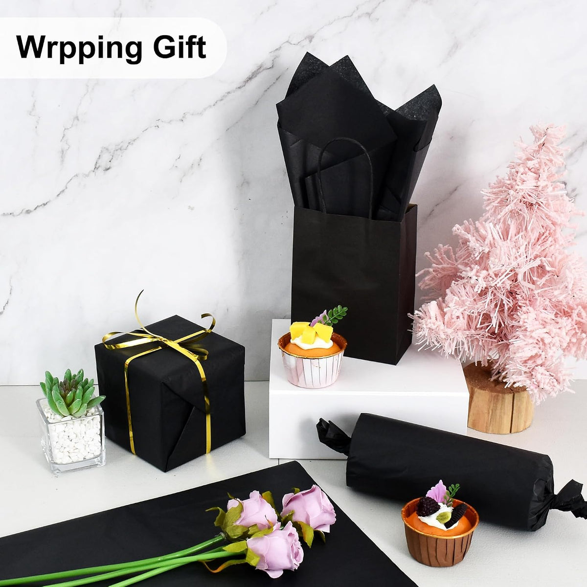 100 Sheets Black Tissue Paper Bulk, Wrapping Tissue Paper for Gift Bags, 14 x 20 Inch Gift Wrap for Halloween